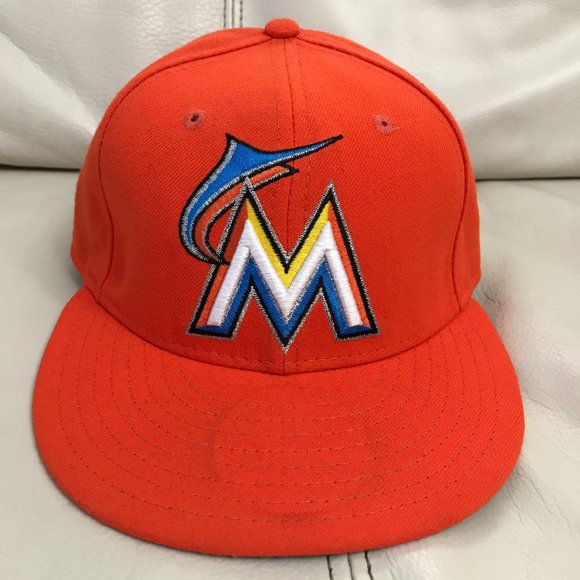 Miami Marlins Hat Orange Fitted 59Fifty 7 1/8 New Era Baseball Cap Pre-owned - Picture 1 of 4
